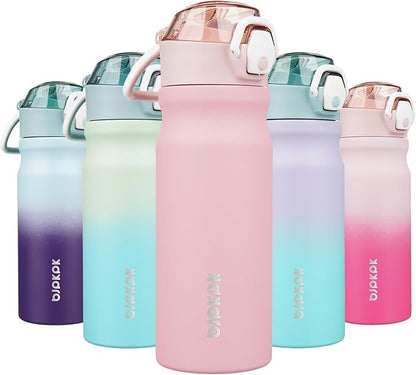 18Oz Insulated Water Bottle with Straw Stainless Steel Double Wall Water Bottles Bpa-Free Leak Proof Thermos with Lockable Flip Lid and Soft Silicone Spout,Black Leopard